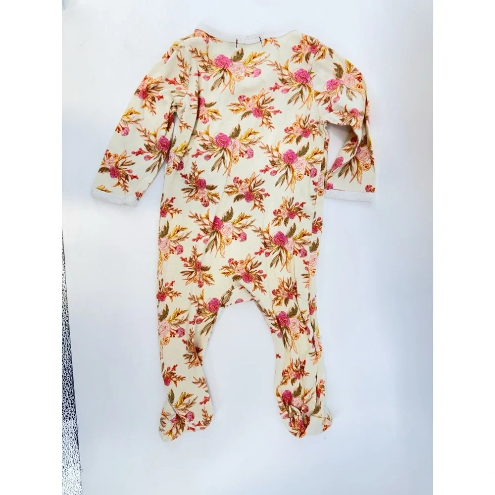 Milkbarn Pink/Cream/Green Floral Bamboo Knit Snap Front Footie-3-6 mos